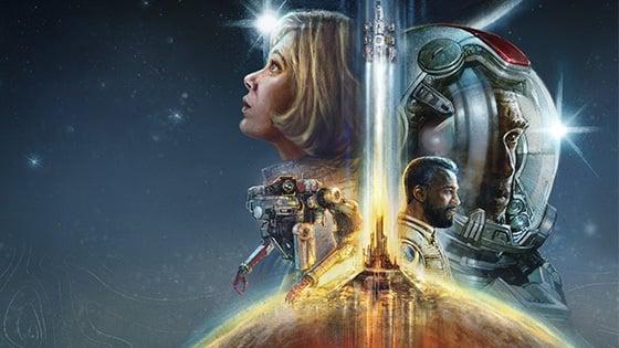An illustrated collage of characters faces from Bethesda's 'Stafield' surround a spaceship taking off into the atmosphere.
